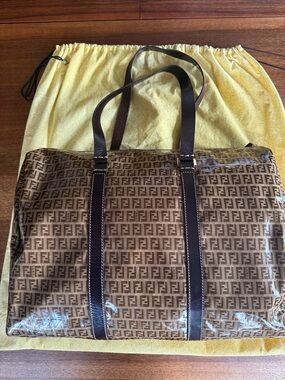 Authentic Fendi Large Brown Zucca Coated Canvas Tote with Dark Brown Straps